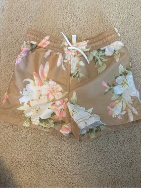 Janie and Jack Floral Swim Trunks - Tan with Pink & White Blooms